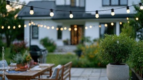 Outdoor patio decorated with string lights and a dining table set for a celebration, featuring a lush garden and a modern house in the background