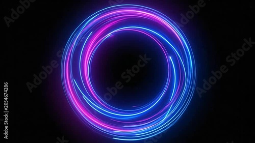 Abstract glowing neon light rings spinning on a dark background