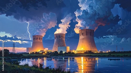 A power plant emits steam under a stormy sky with lightning