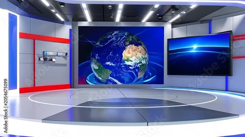 A modern virtual television studio set with a digital globe display