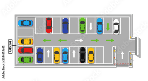Top view illustration of a parking lot with colorful cars