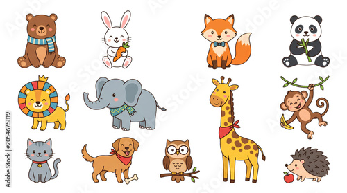 Photography Cute animal character collection with adorable wildlife and pet cartoon vector s
