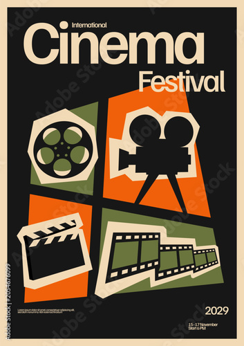 International cinema festival poster template design with vintage movie, camera, clapperboard, and film reel modern mid-century art style