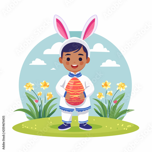 Boy in Easter Bunny Costume Holding Decorated Egg