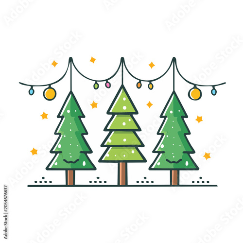 Flat Christmas Trees with String Lights Illustration