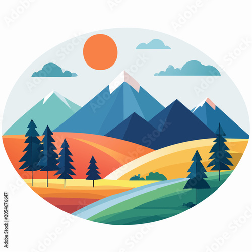 Flat Design Mountain Landscape with Sun and Trees