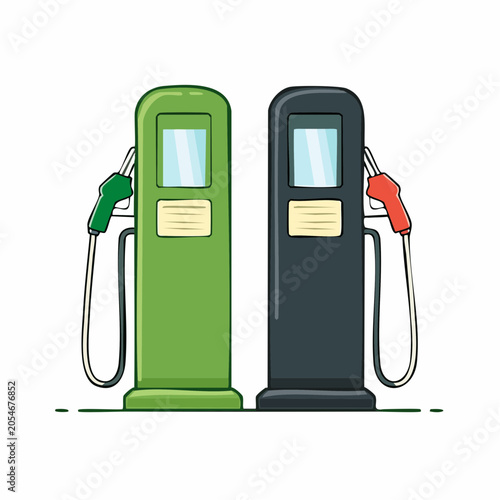 Two Gas Pumps, One Green, One Black, with Hoses and Nozzles