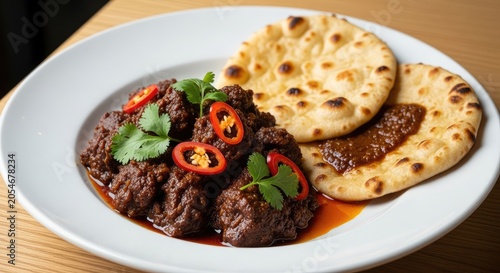 Spicy beef curry with naan bread on white plate