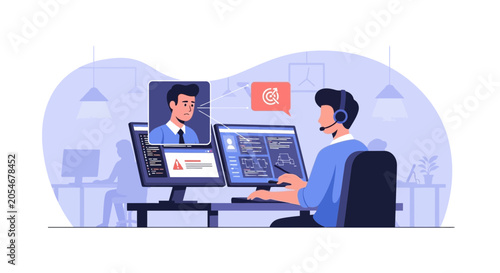 Customer support agent on computer, video call, headset, IT technical assistance