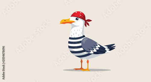 Quirky seagull character is humorously dressed as a pirate wearing a red polka dot bandana and a blue striped sailor shirt.