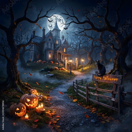 Halloween background with haunted house Happy Halloween Moonlit Haunting at the Haunted Manor