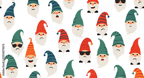 Whimsical seamless pattern of cute gnomes with long white beards and colorful hats showing different emotions.