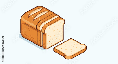 Isometric view of a freshly sliced loaf of white bread with golden brown crust isolated on a light blue area.