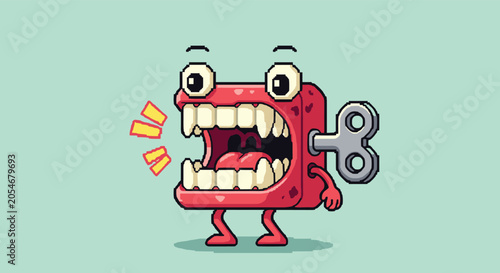 Pixel art style illustration of a red wind-up chattering teeth toy character with large white fangs and eyes.