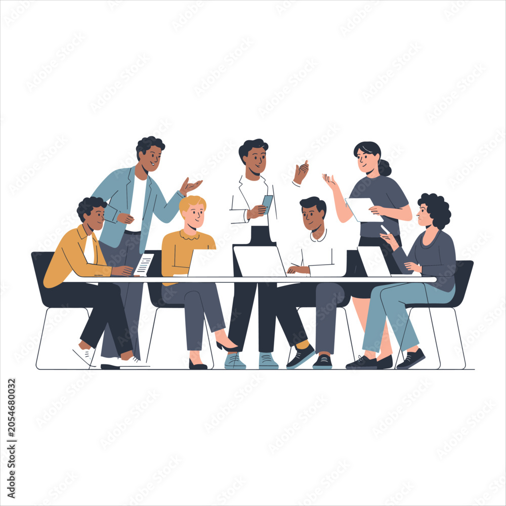 Obraz premium Diverse Business Team Collaboration Meeting, Creative Office Brainstorming and Project Planning Flat Vector Illustration