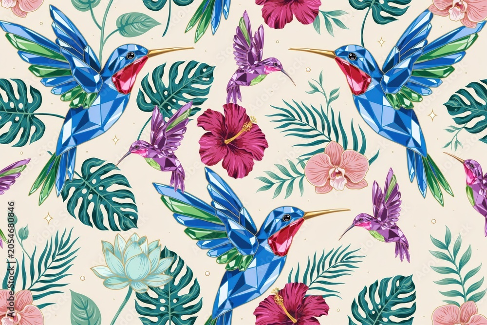 Obraz premium Seamless pattern featuring vibrant hummingbirds rendered in a geometric crystal style surrounded by tropical hibiscus flowers and palm leaves