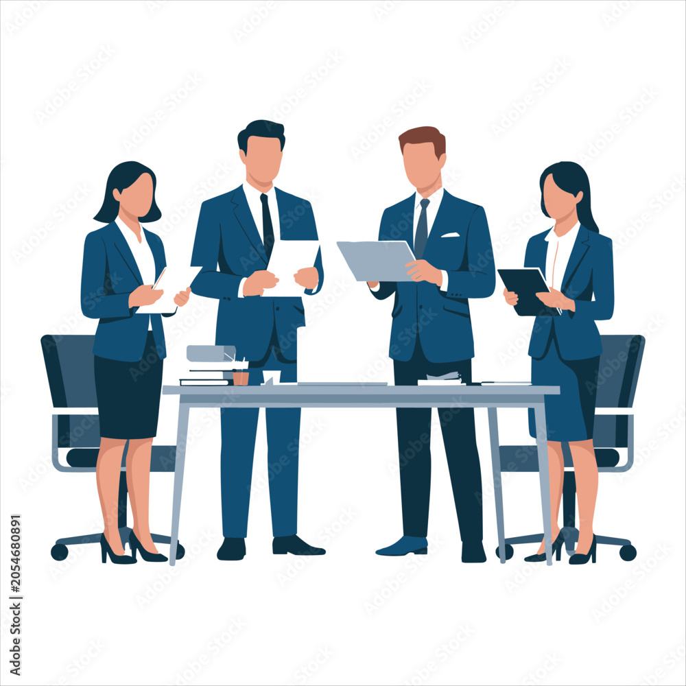 Fototapeta premium Professional Business Team Standing in Office Meeting and Corporate Discussion Vector Illustration