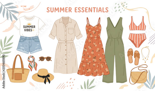 Slika na platnu Summer fashion collection apparel accessories and beachwear flat lay