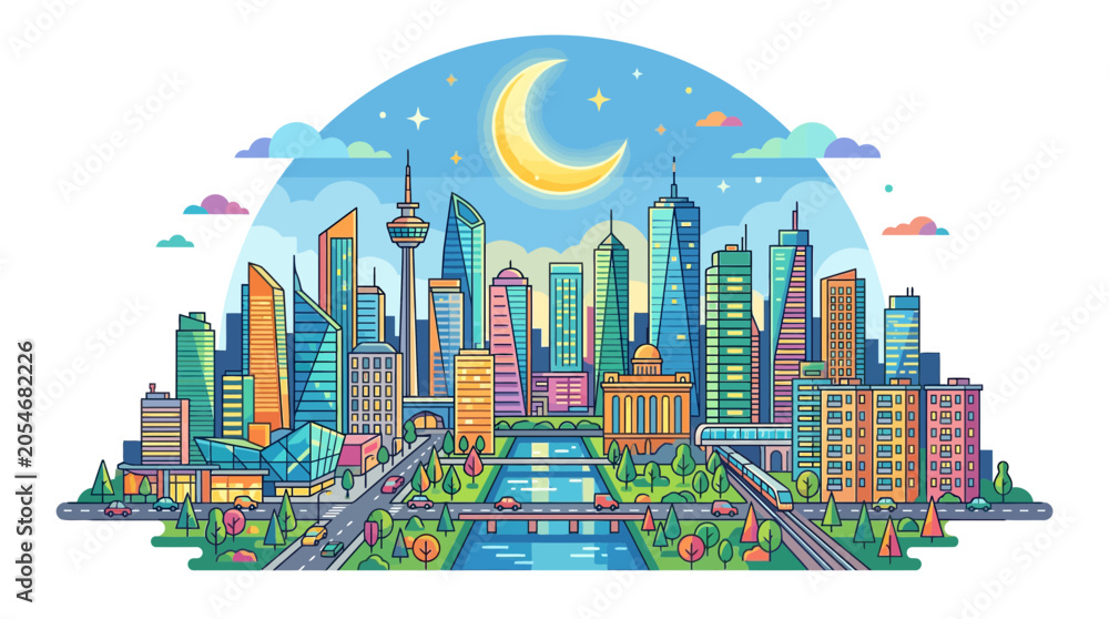 Fototapeta premium Colorful city skyline illustration with crescent moon at night.