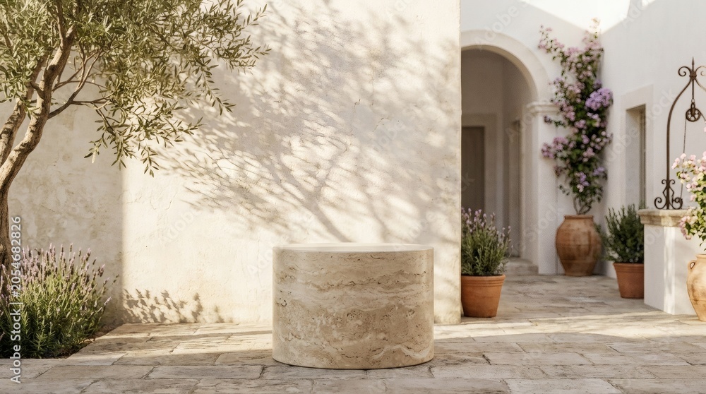 Fototapeta premium Elegant travertine stone podium in a sunlit courtyard for Mediterranean Luxury Branding Background and product showcase