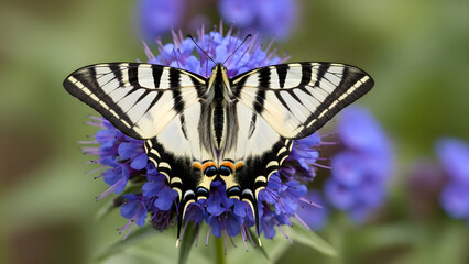 A black and white butterfly sits on purple flowers in the garden.