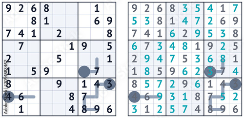 Photos Sudoku puzzle grid solution in turquoise and aquamarine colors