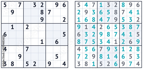 Obraz na plátně Sudoku puzzle grid with incomplete and completed sections in turquoise