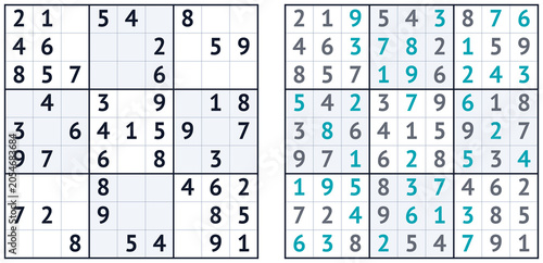 Tableau sur toile Sudoku puzzle grid with solution in turquoise and aquamarine colors