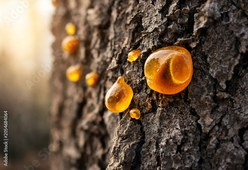Картината върху платно Golden amber resin droplets oozing from the rough, cracked bark of a pine tree,