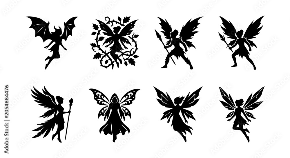 Fototapeta premium Angel icon set silhouette, white background, vector illustration