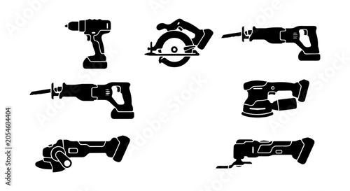 Fotografija Power Tool Icons Set: Cordless Drill, Circular Saw, Reciprocating Saw, Sander, G