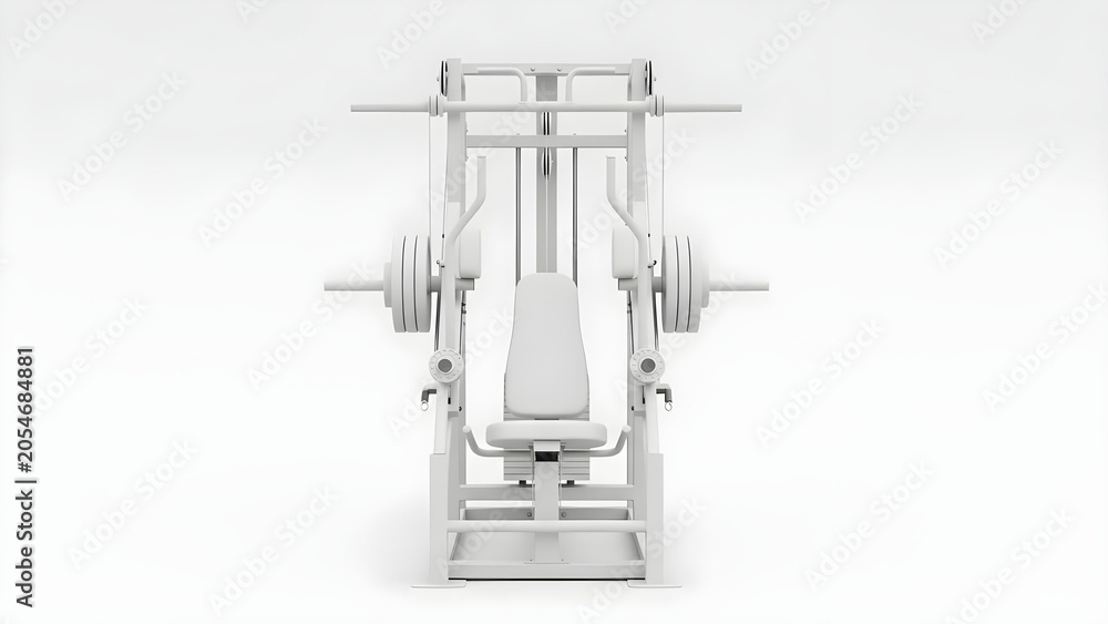 Obraz premium A weight training machine sits idle on a clean white gym floor