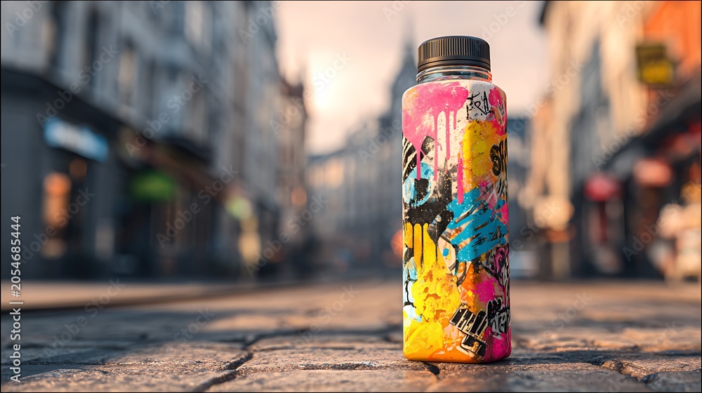 Obraz premium A vibrant street art inspired water bottle sitting on a cobblestone city street.