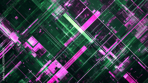 緑とピンクが交錯するハイテクで近未来的なサイバーパンク調のグラフィック背景