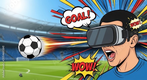 Man wearing virtual reality goggles watching soccer ball flying towards him comic explosion