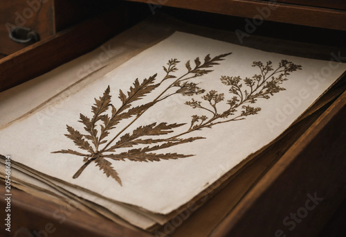 Fotografie Close up of a single dried botanical plant specimen on aged paper inside a woode