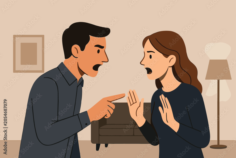 Fototapeta premium Man and woman standing in a living room and having a heated disagreement with pointing fingers and expressive facial features.