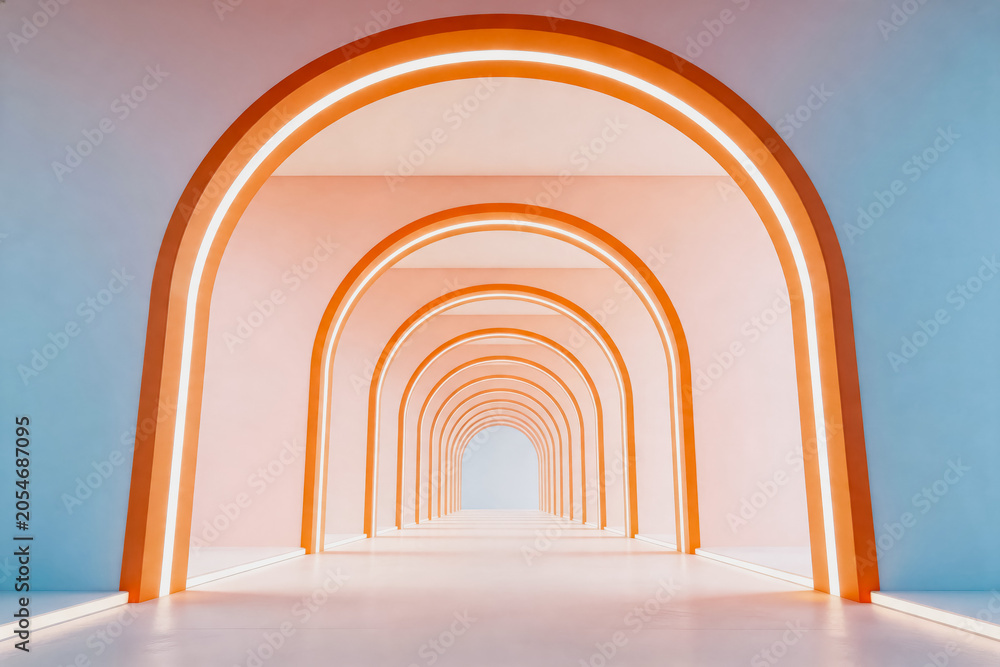 Fototapeta premium A symmetrical perspective view of a futuristic indoor corridor with repeating orange arches and integrated neon lighting, creating depth.