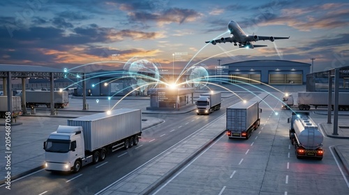 Smart logistics and transportation network connecting trucks, cargo planes and warehouses with global data lines for efficient supply chain management system.