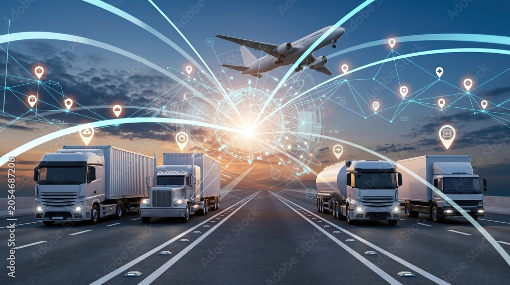 Fototapeta premium Global logistics and transportation network concept, trucks on highway and airplane with connected digital lines