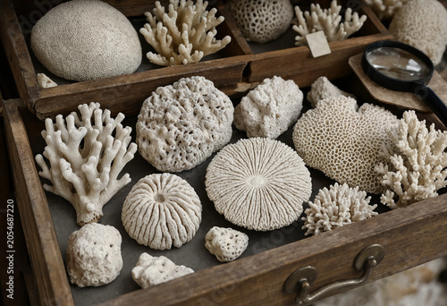 Obraz na plátně Collection of white coral specimens displayed in wooden drawers with a magnifyin