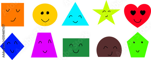 Colorful geometric shapes with cute smiling faces on white background, kids educational element set