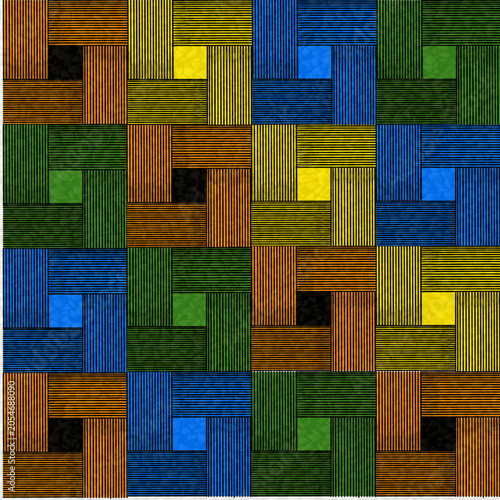 Colorful wooden parquet with geometric pattern, seamless woven ornament made of colored planks, wood tile texture
