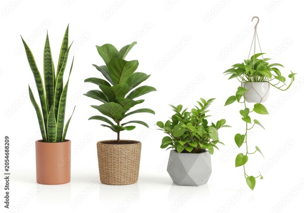 Fototapeta premium Four indoor plants in stylish pots for home decoration isolated on white background