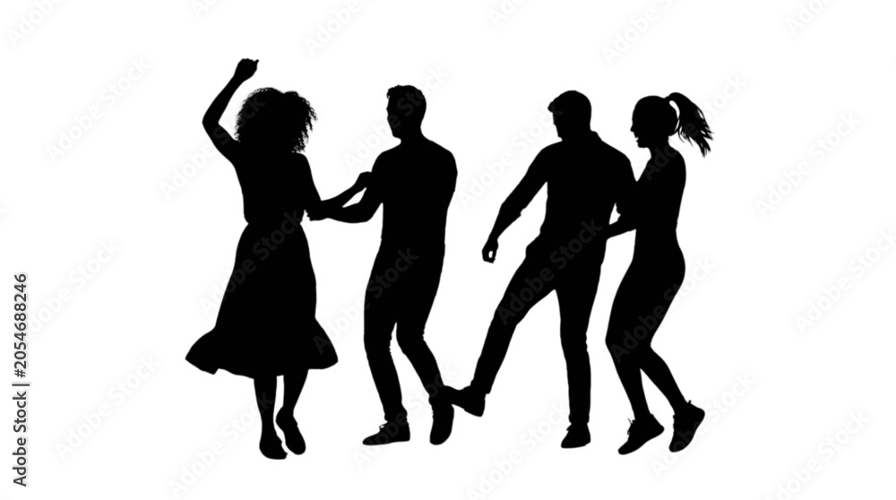 Fototapeta premium Four people dancing together silhouette style
