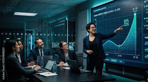 Data scientist pointing upward graph business team meeting analytics dashboard growth data scientist pointing upward graph during business team meeting with analytics dashboard showing growth