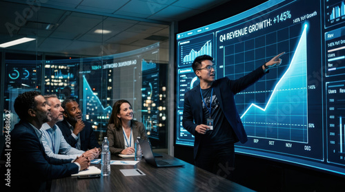 Business meeting data scientist pointing chart revenue growth presentation analytics team office dashboard Business meeting with data scientist pointing chart during revenue growth presentation