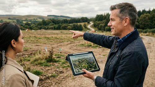 Developer land tablet pointing field rural planning survey construction agriculture, male developer pointing across rural land while holding digital tablet with map during outdoor site planning