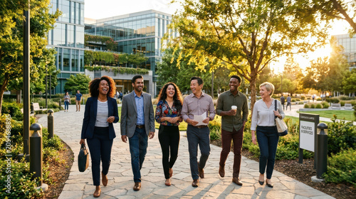 Business employee laughing walking office team outdoor colleague diverse campus cheerful employee group walking through modern office campus with coffee, briefcase, glass building, tree, sunshine