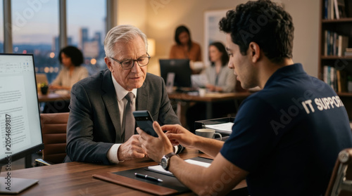 IT technician executive support office smartphone business computer help service meeting senior executive receiving calm mobile device assistance from male technician in modern workplace